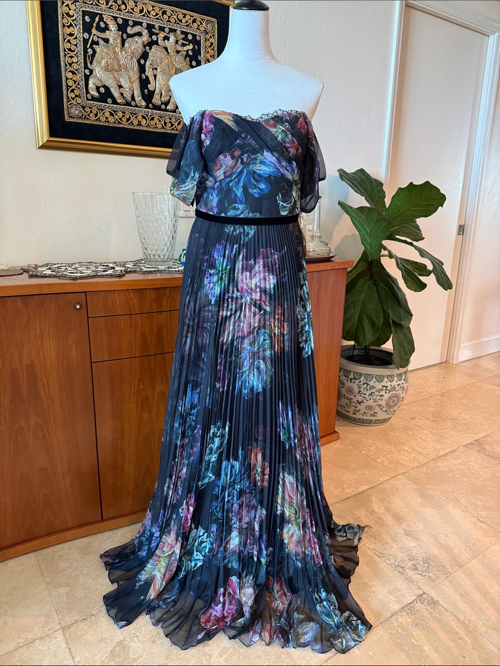 Marchesa Notte Strapless Floral Pleated Maxi Dress in Black Floral